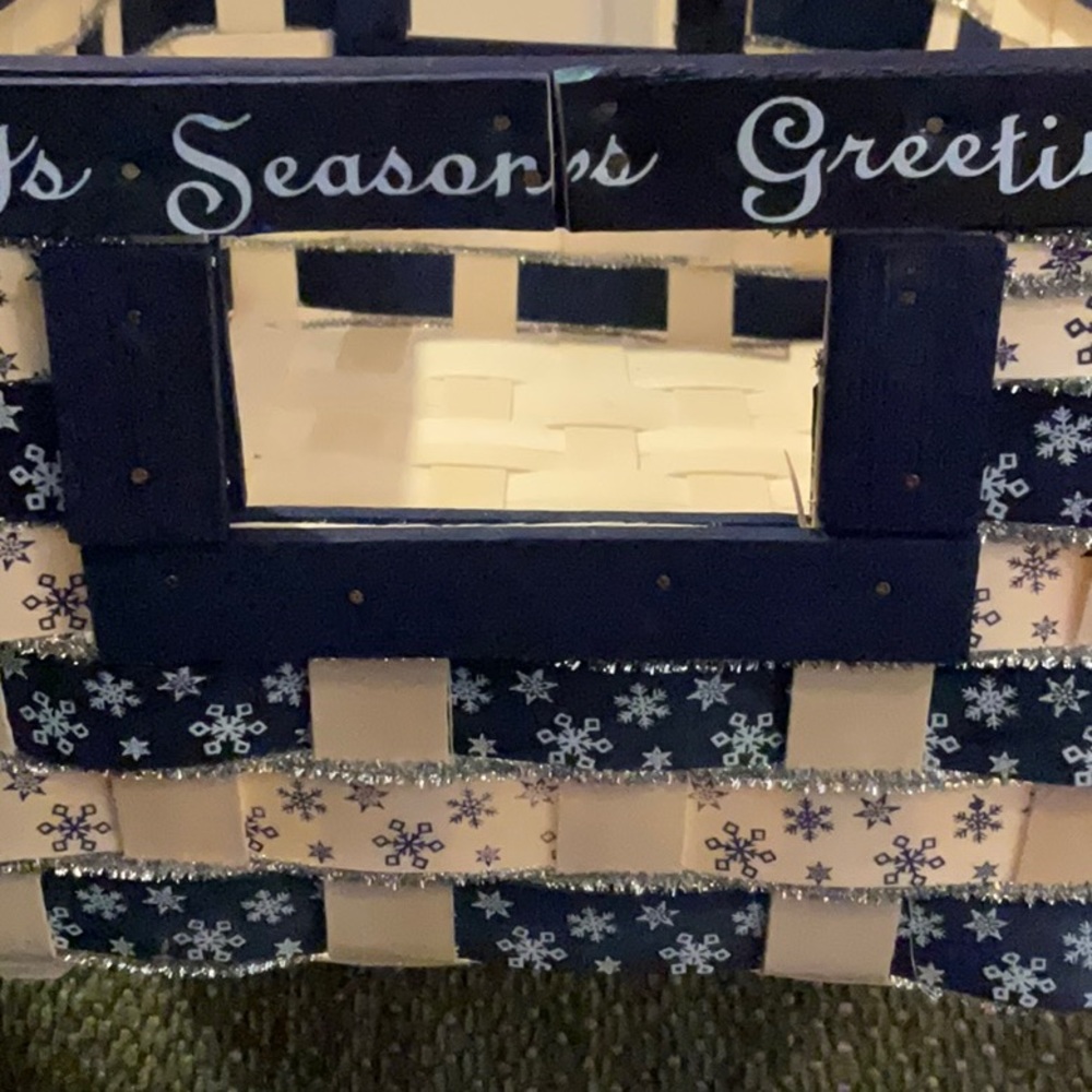 Holiday SEASONS GREETINGS Blue, Ivory, Silver Rectangular Wicker Basket handles - Picture 4 of 11